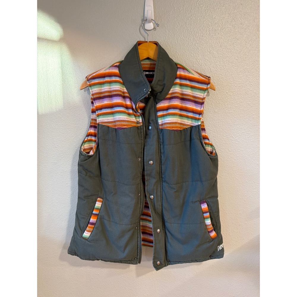Hooey Puffer Vest Women Large Charcoal Gray Western Striped Fleece‎ Lined Canvas